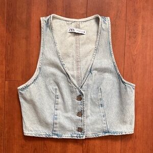 Zara Light Blue Denim Button-Front Crop Vest